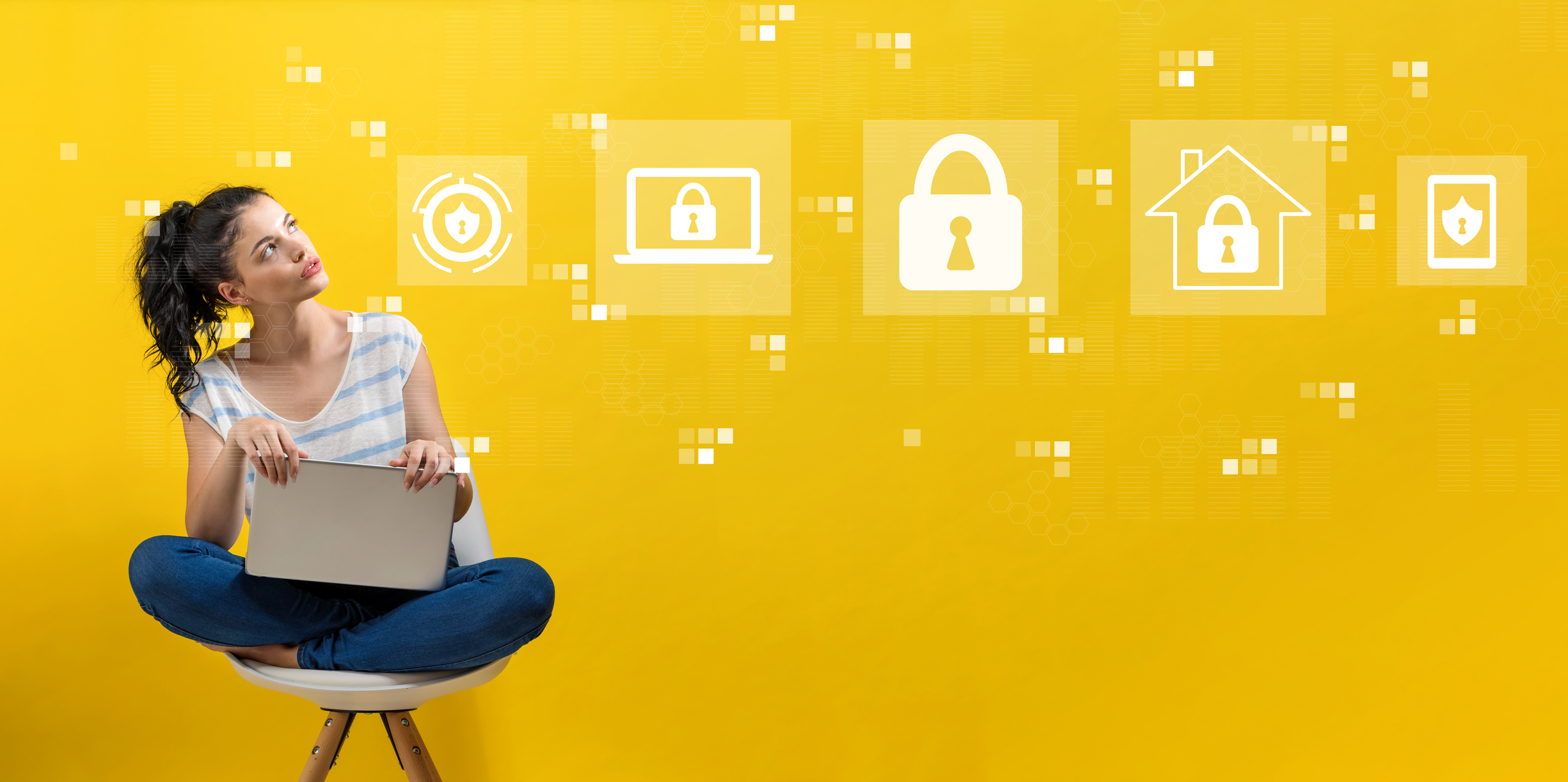 Cyber security with young woman using a laptop computer