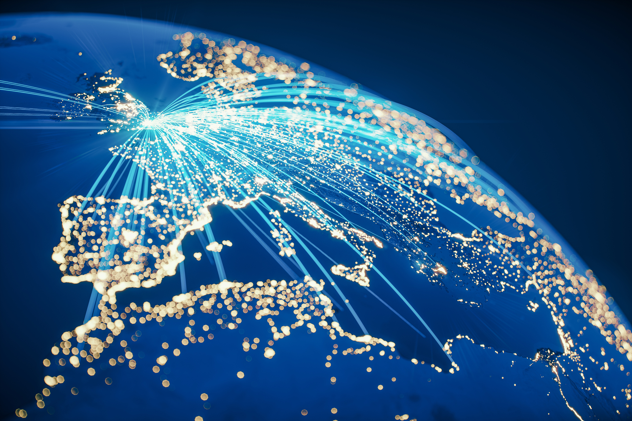 Lines connected from London to several cities around the World.