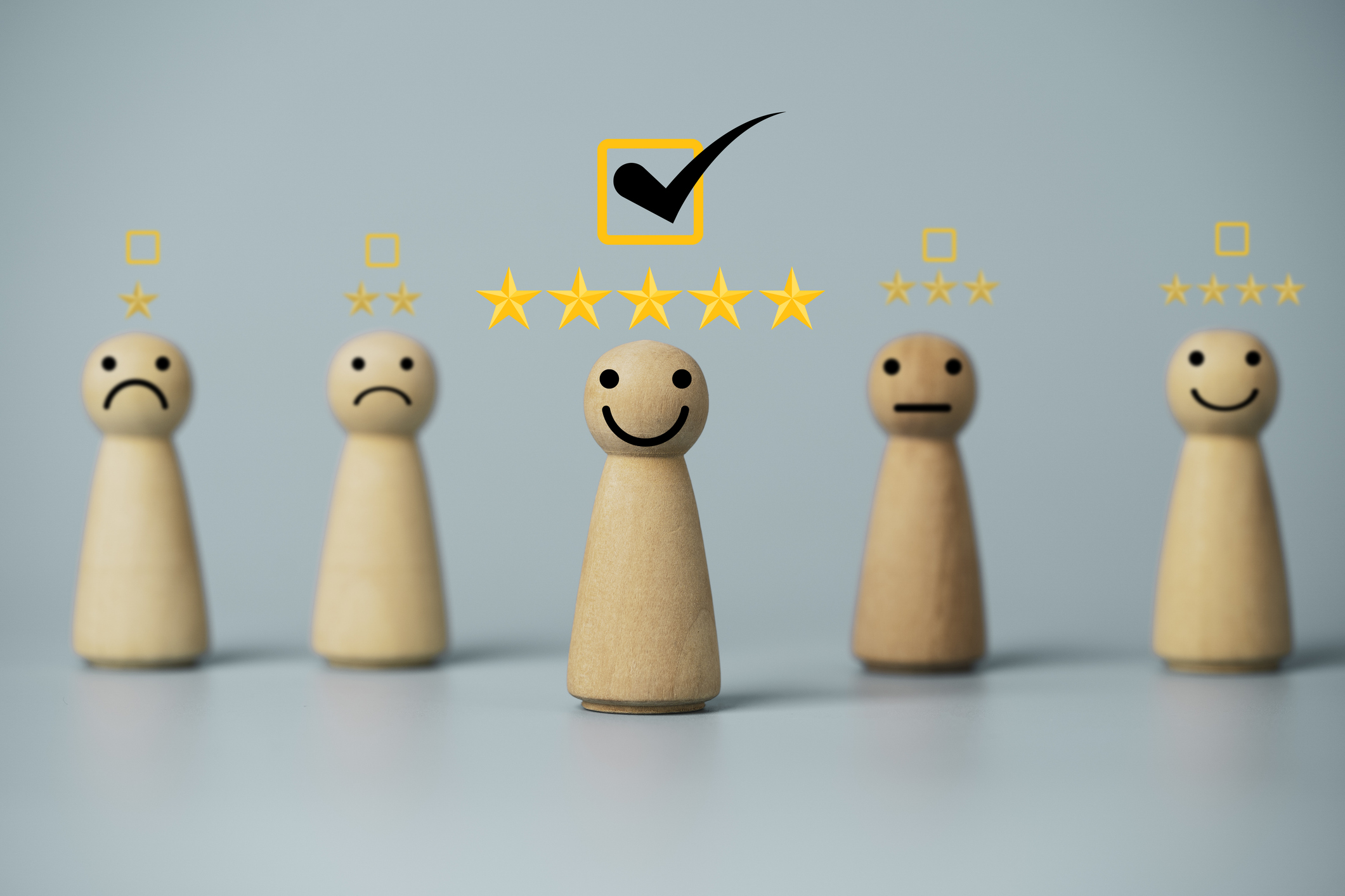 Wooden figure smiley with golden stars and correct mark , Customer evaluation and satisfaction concept.