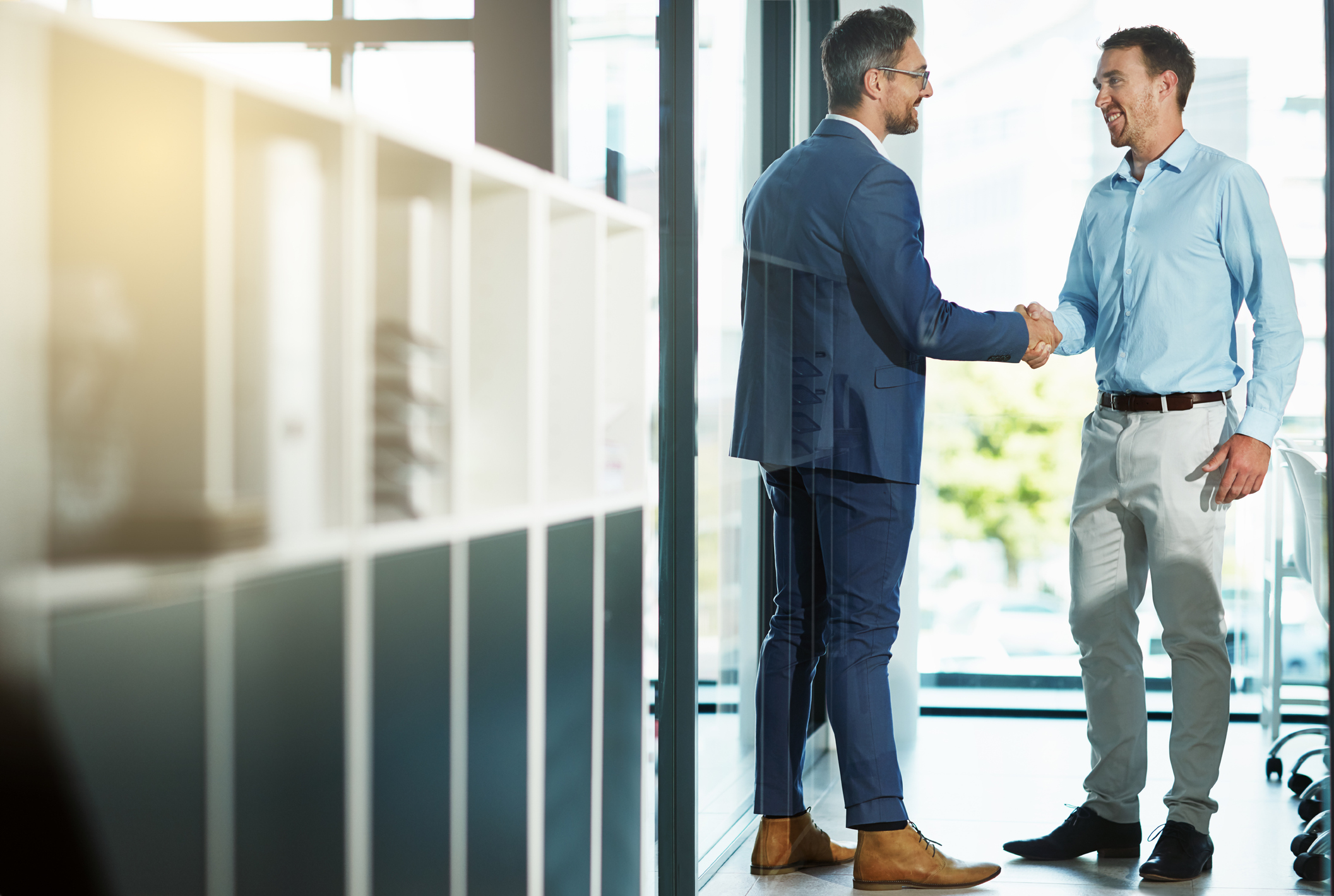 Shot of two businessmen shaking hands in an office