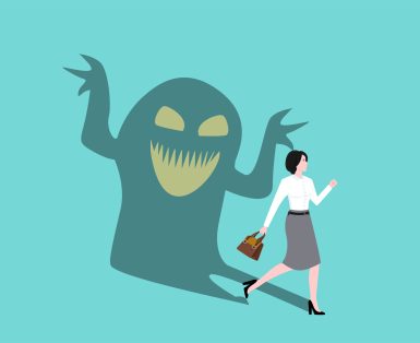 Anxiety Disorder Illustration. businesswomen afraid of his own shadow, doubt in one's own abilities, excessive fear concept vector illustration